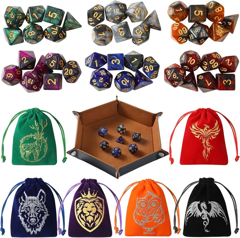 Grajar DND Dice Set, 42 Pcs polyhedral dice Set with 6 Colorful Animal Pattern Dice Bag and PU Leather and Velvet dice Tray for Dungeons and Dragons D&D RPG MTG Table Games Starry Sky - Image 1